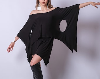 Asymmetric Layered Black Tunic Dress, Sleeveless Viscose Party Dress