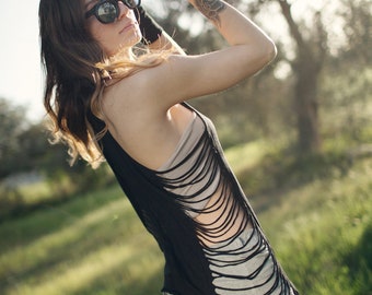 Cut Out Black Cotton Tank Top: Asymmetric Shredded Festival Tee