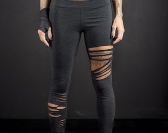 pantalón yoga, algodón recorte, leggings rotos, cintura alta, estilo gótico