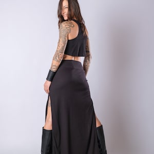 Women's Black High Waisted Soft Heavy Cotton Skirt/Elegant Maxi Skirt With Side Splits/Fitted Black Slit Skirt image 5