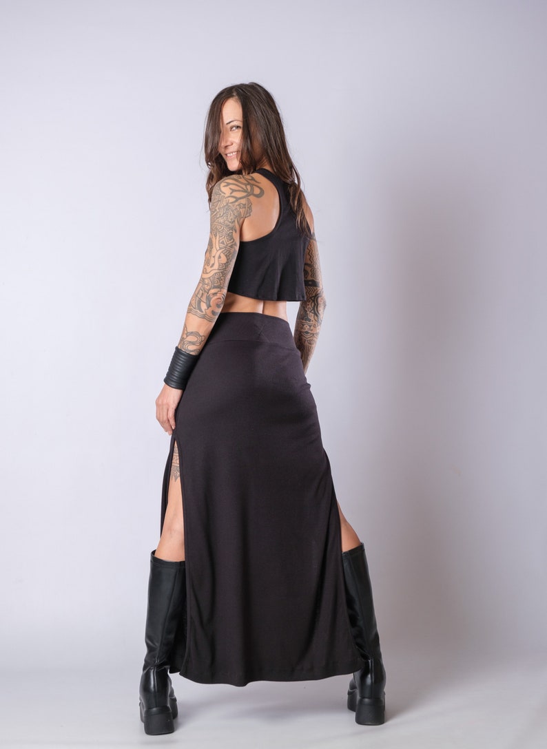 Women's Black High Waisted Soft Heavy Cotton Skirt/Elegant Maxi Skirt With Side Splits/Fitted Black Slit Skirt image 5