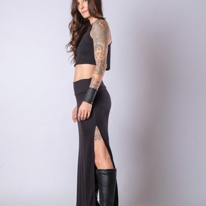 Women's Black High Waisted Soft Heavy Cotton Skirt/Elegant Maxi Skirt With Side Splits/Fitted Black Slit Skirt image 4