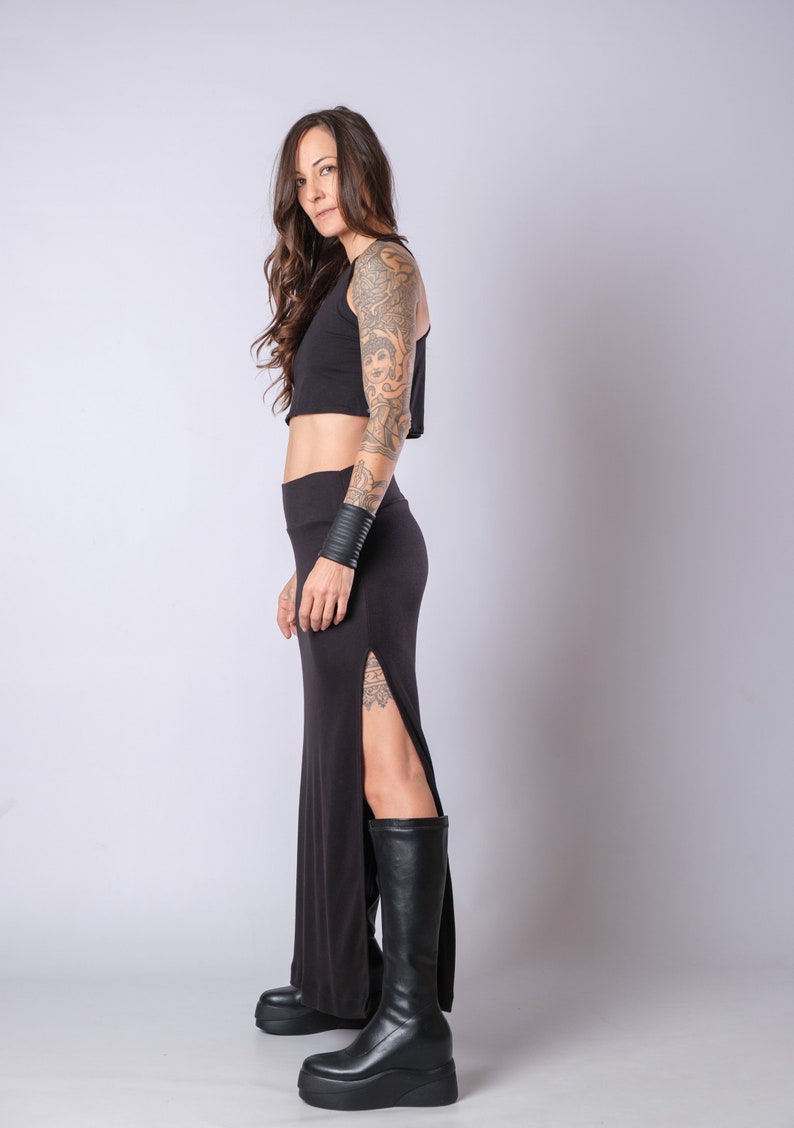 Women's Black High Waisted Soft Heavy Cotton Skirt/Elegant Maxi Skirt With Side Splits/Fitted Black Slit Skirt image 4