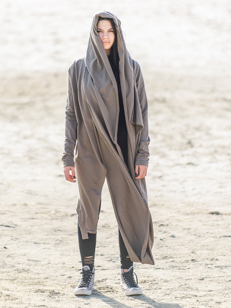 Futuristic Asymmetrical Hooded Jacket/Cyberpunk Jacket With Scarf/Women's Heavy Cotton Cardigan/Futuristic Clothing image 6