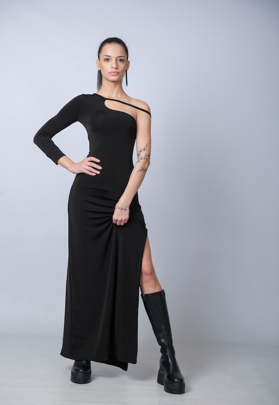 ★ DIAGONAL★ ONE OFFSHOULDER LONG DRESS black DA242OP01BK Black One Shoulder Fitted Crushed Gown 38240 | Jovani