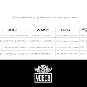 May include: Size chart for clothing with measurements in inches and centimeters. The chart includes sizes XS, S/M, M/L, and L/XL with corresponding bust, waist, hip, and approximate height measurements.