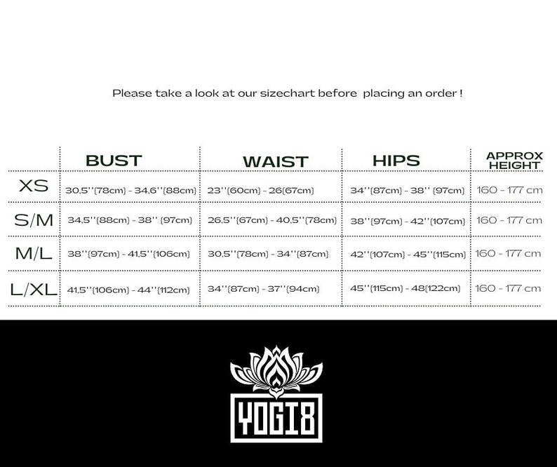 May include: Size chart for clothing with measurements in inches and centimeters. The chart includes sizes XS, S/M, M/L, and L/XL with corresponding bust, waist, hip, and approximate height measurements.