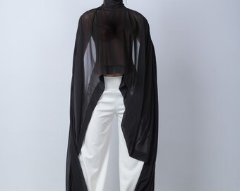独特な店 Extravagant Black Top Long Asymmetric Tunic/mesh Cape Sheer トップス