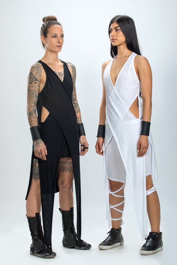 Women's Crossed V-Neck Cotton Top/Asymmetric Long Tunic/Sleeveless Wrap Top/Urban Warrior Top/Futuristic Clothing/Extravagant Blouse