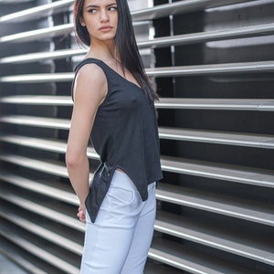 Black v neck sleeveless top with side splits/Black summer cotton blouse