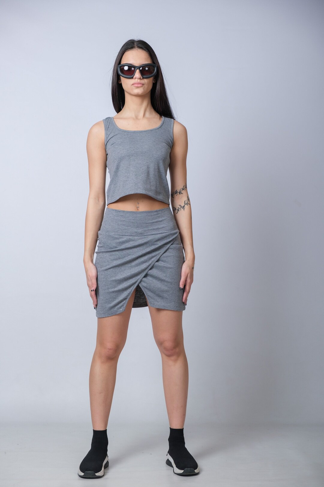 A-line Flexible Knit Mini Short Skirt with Slit