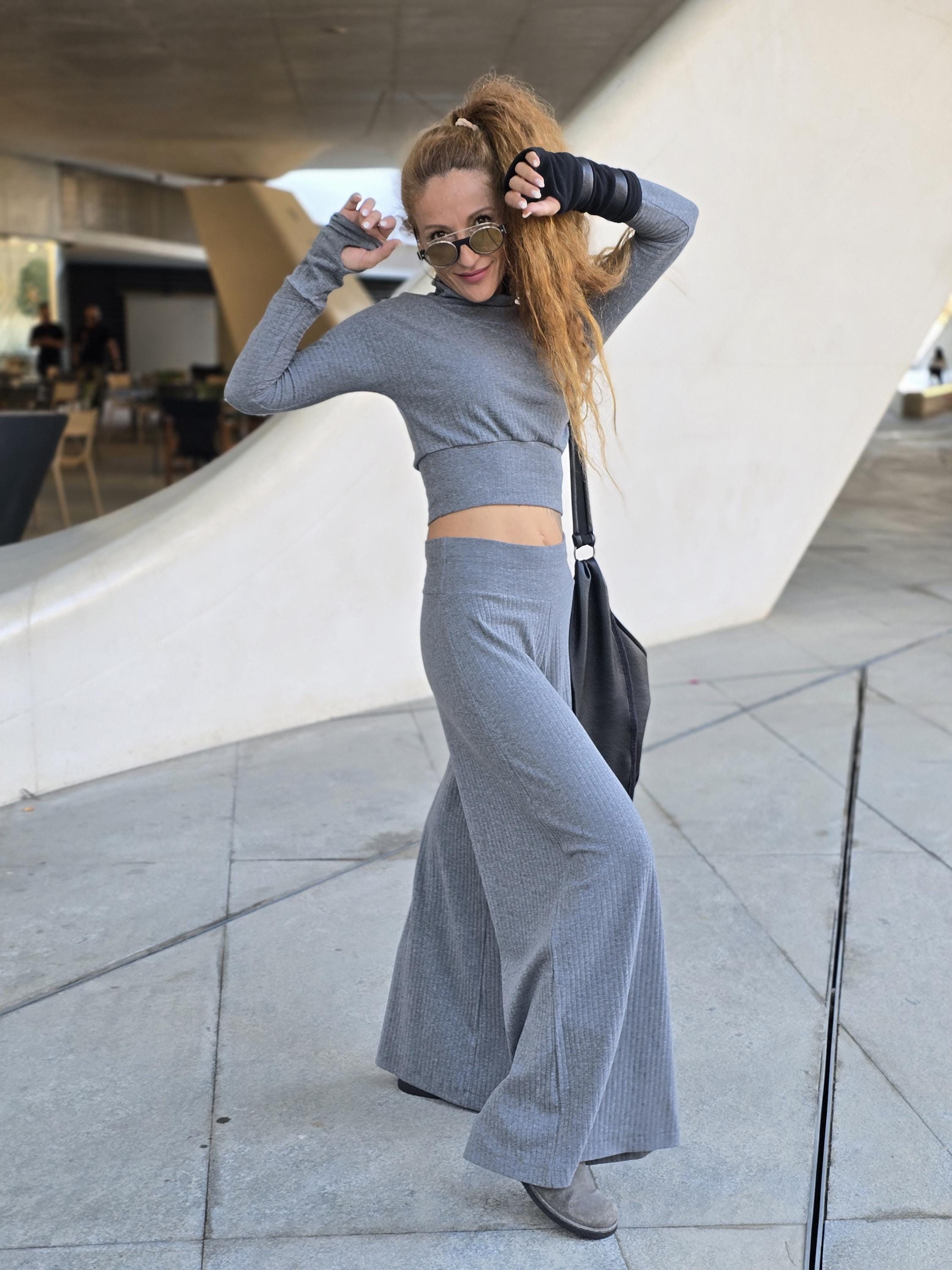 Gray Mock Neck Long Sleeve Top With Thumb Holes Soft Stretch 