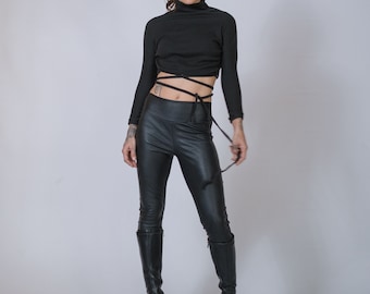 Women's Black Turtleneck Crop Top: Long Sleeve Fitted Blouse