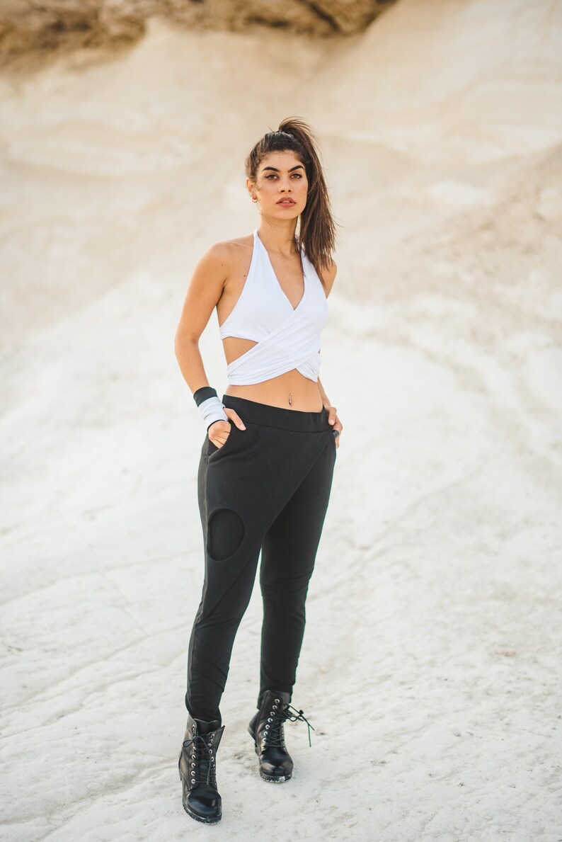 Urban gothic inspired cotton pants with skirt panel and mid waist elastic waistband