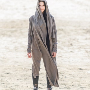 Futuristic Asymmetrical Hooded Jacket/Cyberpunk Jacket With Scarf/Women's Heavy Cotton Cardigan/Futuristic Clothing image 2