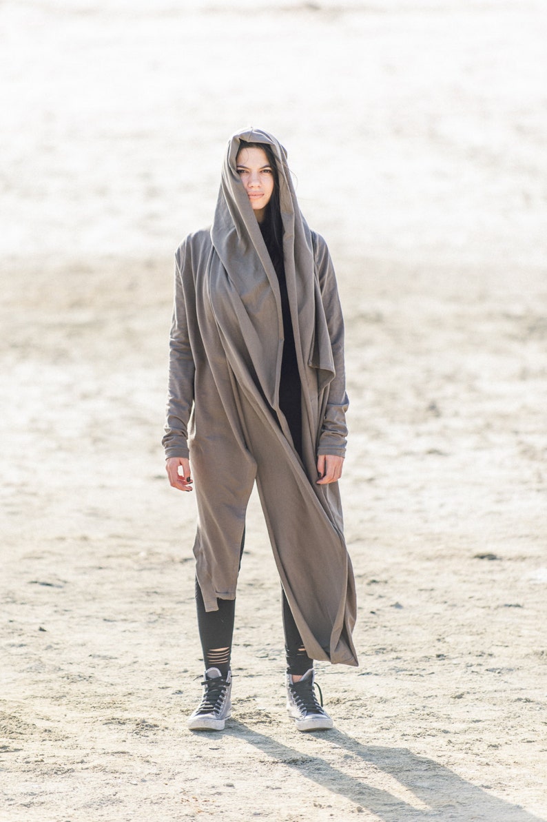 Futuristic Asymmetrical Hooded Jacket/Cyberpunk Jacket With Scarf/Women's Heavy Cotton Cardigan/Futuristic Clothing image 2