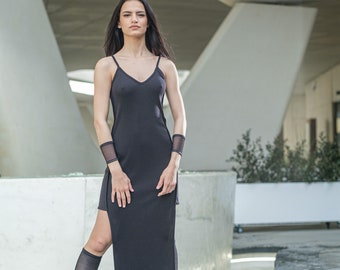 NEUES Maxi asymmetrisches Kleid / Avantgarde schwarzes Kleid / Langes Kleid mit Seitenschlitzen