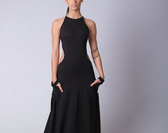 Black Cotton Maxi Dress: Open Back Sleeveless Caftan with Pockets