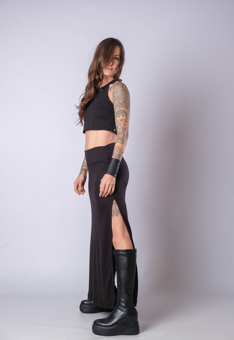 Women's Black High Waisted Soft Heavy Cotton Skirt/Elegant Maxi Skirt With Side Splits/Fitted Black Slit Skirt image 3