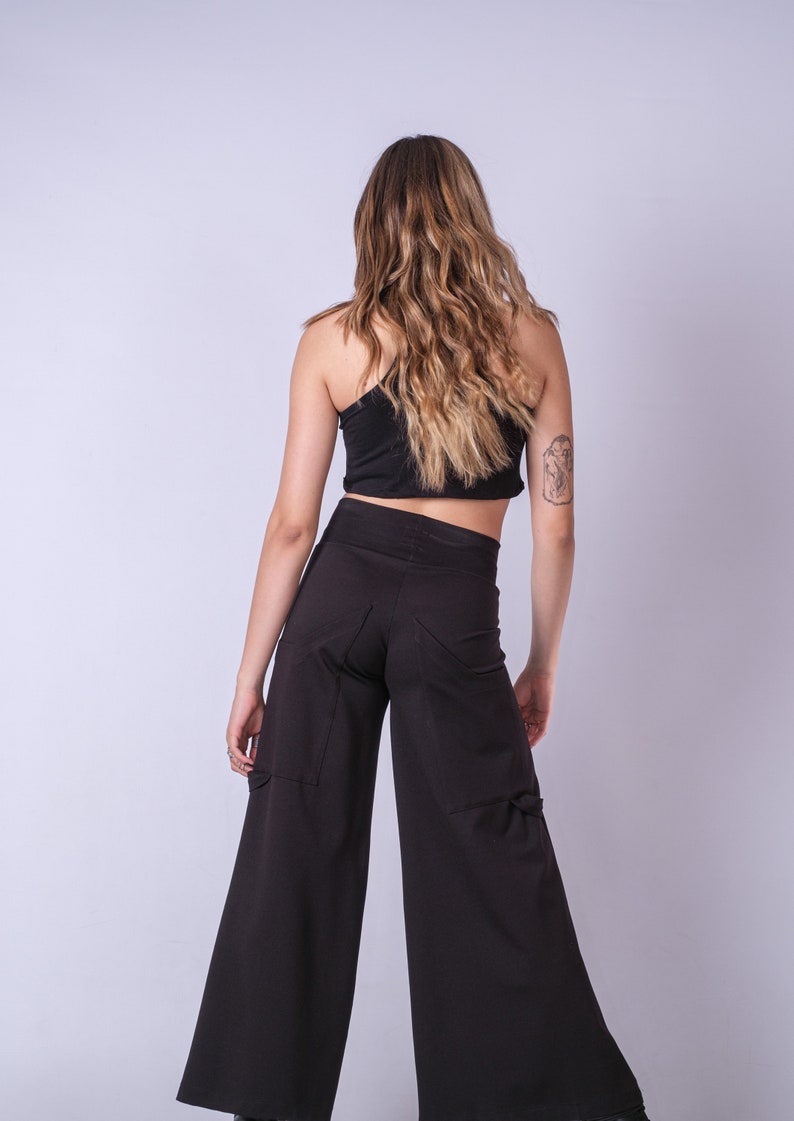 High Waist Black Loose Wide Leg Pants/Extravagant High Rise Palazzo Pants/Cyberpunk Black Cargo Style Trousers image 6