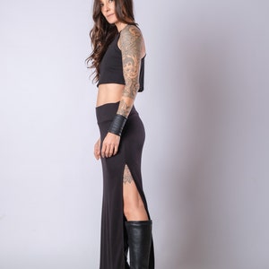 Women's Black High Waisted Soft Heavy Cotton Skirt/Elegant Maxi Skirt With Side Splits/Fitted Black Slit Skirt image 8
