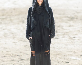 Goth Winter Coat/Big Hood Jacket/Cyberpunk Jacket/Asymmetric Loose Jacket/Black Pixie Hoodie/Plus Size Clothing/Long Collar/Edgy Coat