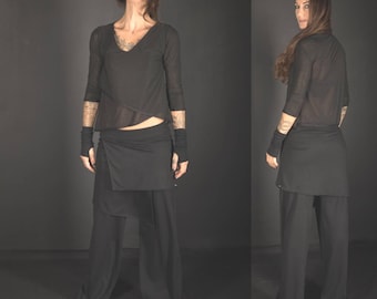 Zwarte overlay-rok damesbroek - overslag wijde pijpen avant-garde cyberpunk-loungewearstijl