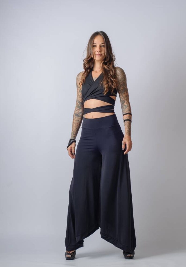 Extravagant high waist wide leg pants/Women's casual palazzo pants/Asymmetric loose pants image 6