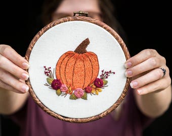Fall Embroidery Hoop: Pumpkin Floral - Fall Wall Decor - Pumpkin Decor