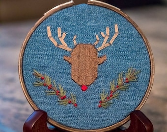 Embroidery Hoop: Reindeer Ornament on denim