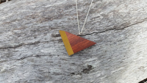 Jarrah Pendant \u2013 Triangular wooden necklace made from reclaimed Australian wood with sky blue accent