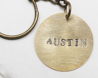 Austin, Texas Keychain - Custom Personalized Stamped Metal Disc Keychain - available hand-hammered