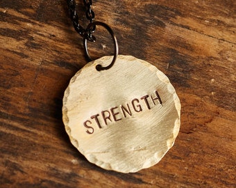 STRENGTH Stamped Hand Hammered Tag Necklace - Gift for Him, Her, Mom, Dad, Sister, Brother  - Multiple necklace colors.