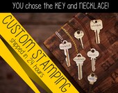 Stamped Key Necklace - YOU choose the key and necklace - Multiple necklace, cord, and color choices. Endless Posibilities