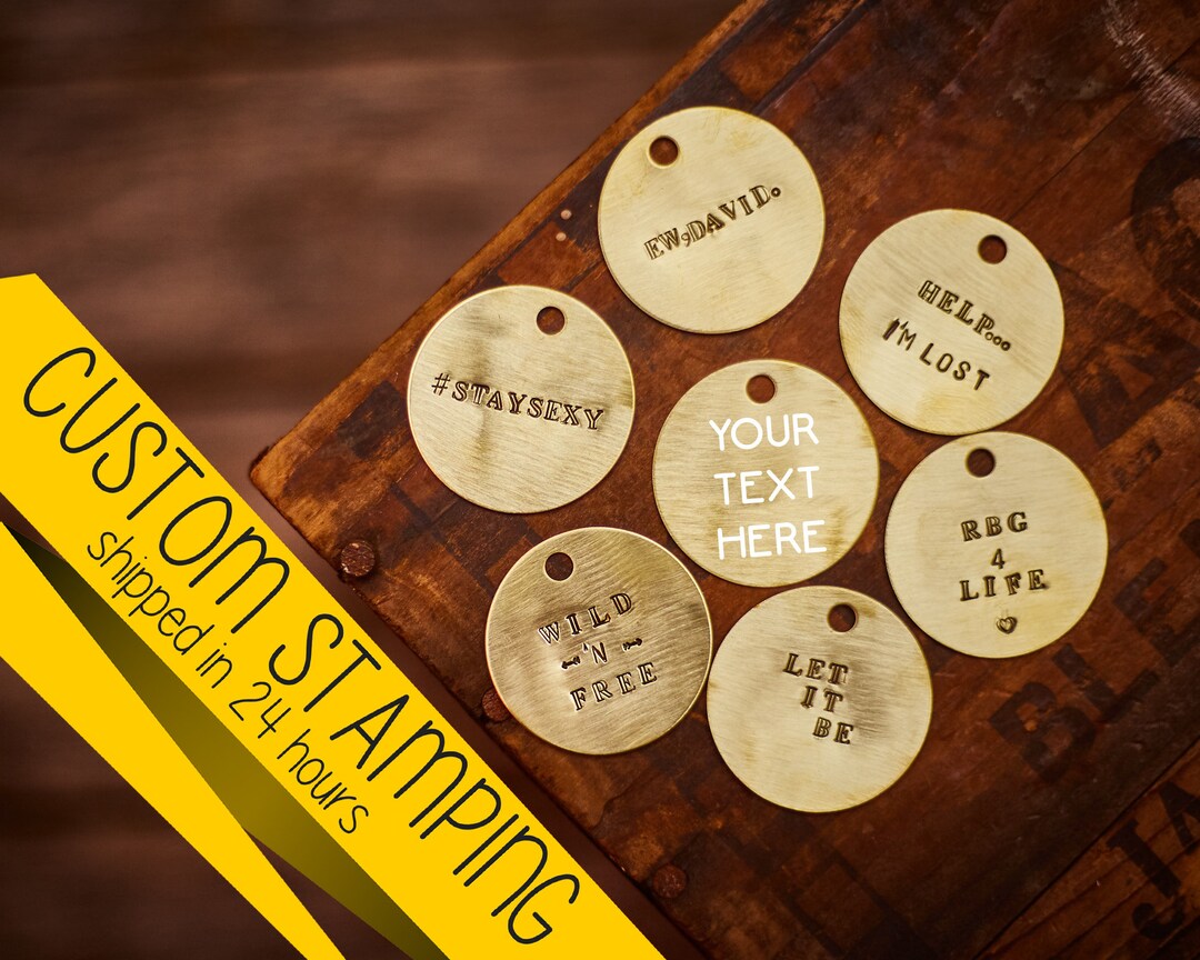 CUSTOM STAMPED 1" - 1.5" Brass Tag Keychain - Customizable Personalized ...