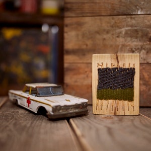 One of a kind Reclaimed materials Mini Hand Woven Weaving on Reclaimed Wood Display on a shelf or hang on the wall!