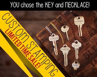 Stamped Key Necklace - YOU choose the key and necklace! - Multiple necklace, cord, and color choices. Endless Posibilities!