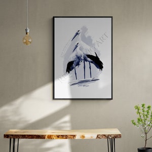 Storks Blue on White Hamptons Coastal Modern Farmhouse Nautical Prints by Australian artist Reeve King