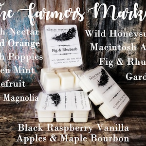 May include: A collection of soy wax melts in various scents, including Peach Nectar, Blood Orange, Peach Poppies, Garden Mint, Grapefruit, Sugar Magnolia, Fig & Rhubarb, Wild Honeysuckle, Macintosh Apple, Gardenia, Black Raspberry Vanilla, and Apples & Maple Bourbon. The wax melts are packaged in clear plastic containers with labels that feature a feather design and the text "Ruffled Feather Candles".