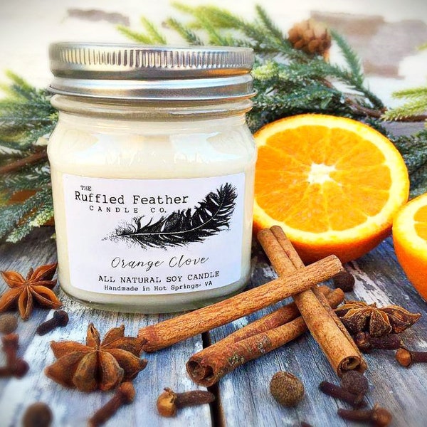 Orange Clove Soy Candle, All Natural Soy Candle, 10oz, The Ruffled Feather Candle Co.