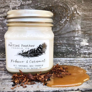 Tobacco and Caramel Soy Candle, All Natural Soy Candle, 10oz, The Ruffled Feather Candle Co.