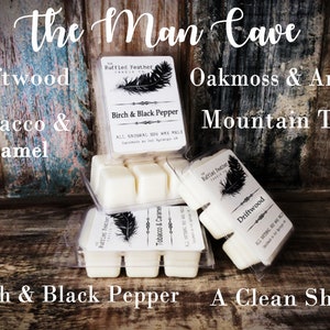 Aroma Melts, The Man Cave, All-Natural Soy Melts: Driftwood Bourbon Mountain Trail Tobacco Caramel Oakmoss Amber Clean Birch Black Pepper