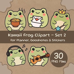Kawaii Frog Clipart Set 2 – 30 Cute Frog PNG Stickers for Goodnotes, Planners & Digital Crafts