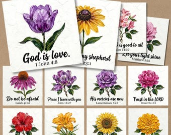 Floral Bible Verse Coaster Prints, 12 Printable Scripture Cards, PNG JPG