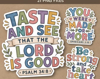 Christian Bible Verse Sticker Bundle, 21 PNG Files, Watercolor Scripture Quote Stickers