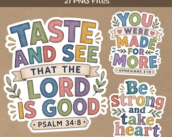 Christian Bible Verse Sticker Bundle, 21 PNG Files, Watercolor Scripture Quote Stickers