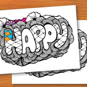 Happy Zentangle, Adult Coloring pages, Zentangle Art, PDF Zentangle Coloring Page, Coloring Book, Instant download, printable coloring pages