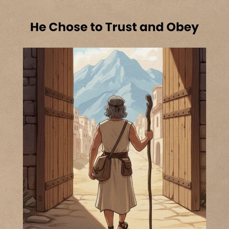 Back view of prophet Elijah with shoulder bag and staff walking through open wooden city gates toward mountain landscape, choosing to trust and obey God. Biblical scene from 1 Kings showing faith journey. Printable for Christian homeschool curriculum and Sunday school lessons.