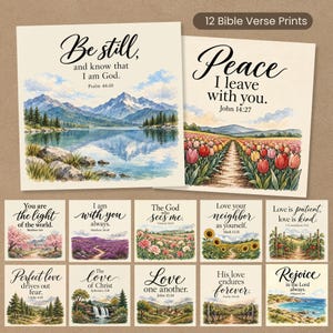 Landscape Bible Verse Prints, 12 Printable Scripture Cards, Christian Wall Art