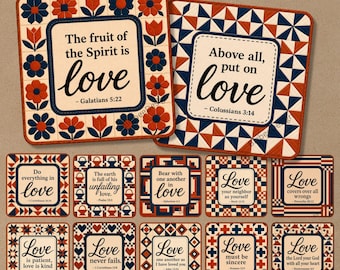 Quilt Bible Verse Coaster Prints, 12 Love Scripture Cards, PNG JPG